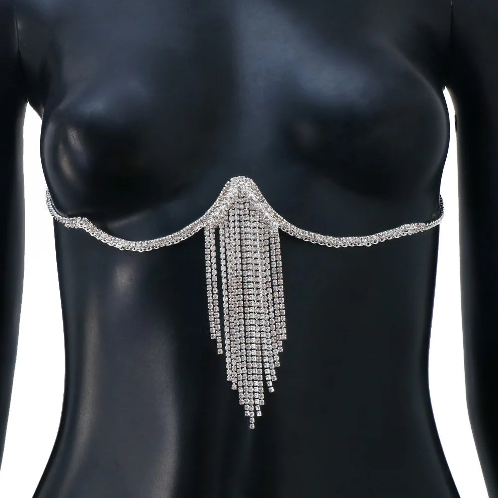 Sexy Crystal Tassel Chest Brace Chain Body Jewelry Fashion Women Bikini Top Lingerie Bra Chain Free Shipping