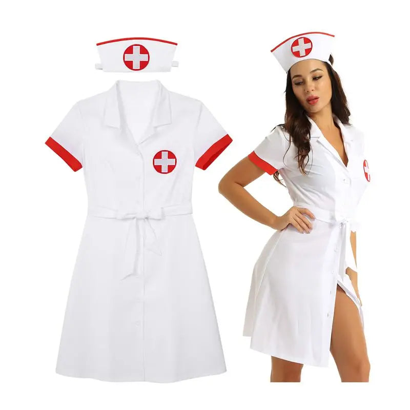 Womens Sexy Naught Nurse Uniform Cosplay Set Dress with Belt And Hat Exotic Maid Outfit Halloween Costume Theme Party Clubwear