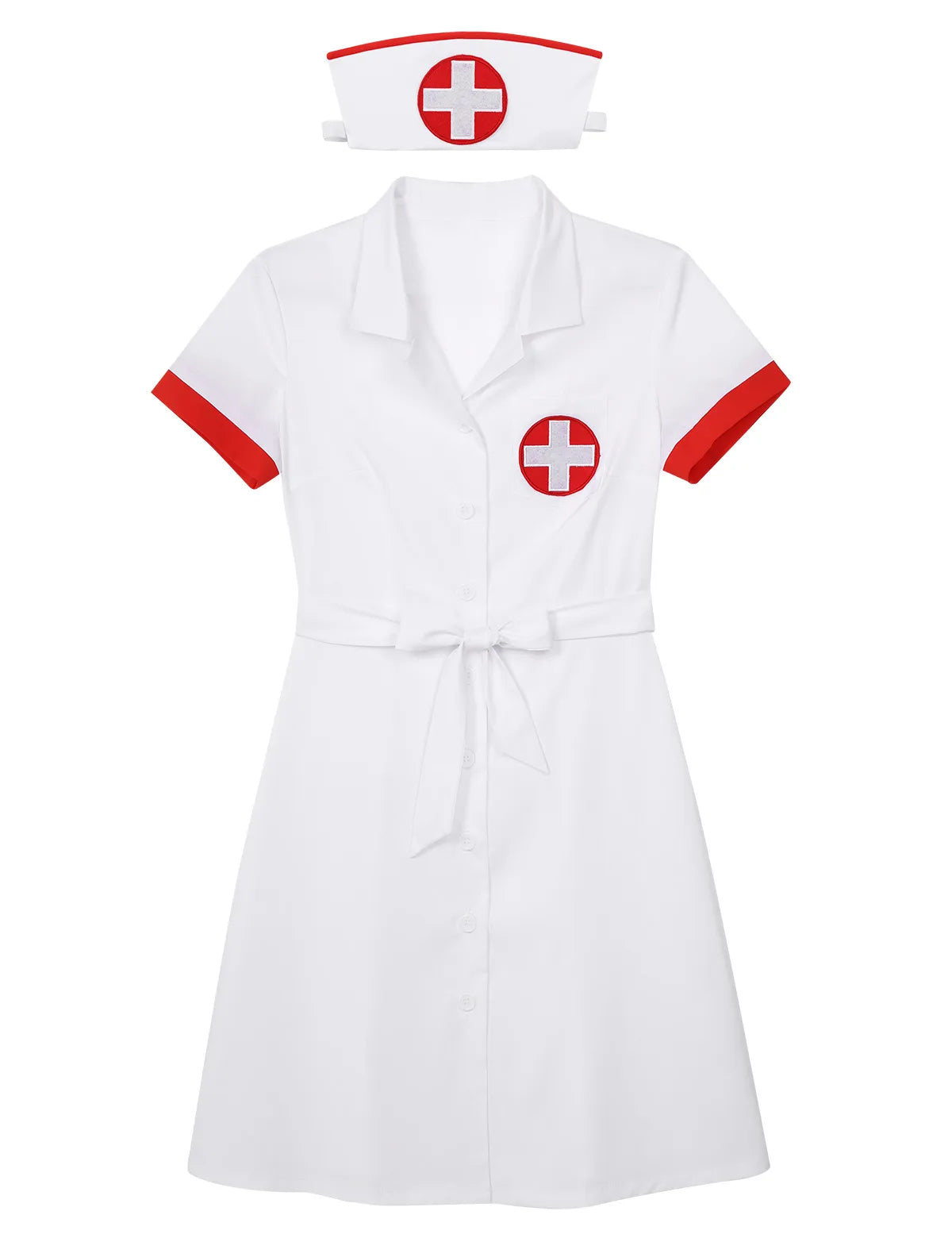 Womens Sexy Naught Nurse Uniform Cosplay Set Dress with Belt And Hat Exotic Maid Outfit Halloween Costume Theme Party Clubwear