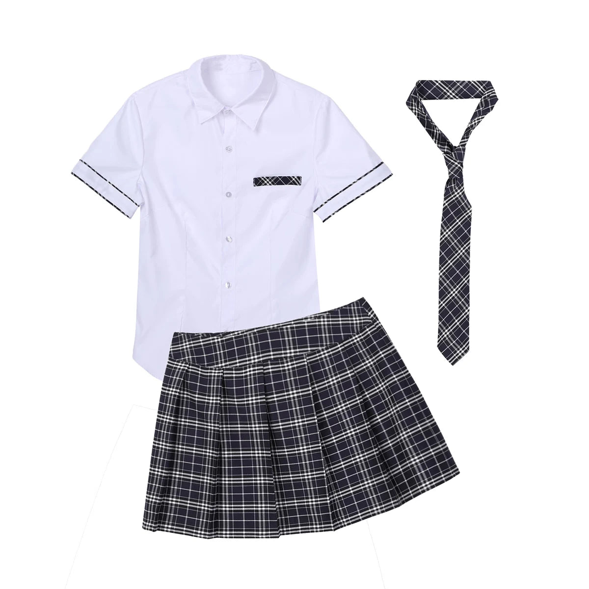 School Girls Uniform Cosplay Women Adult Porno Sexy Lingerie Halloween Costumes Parties Shirt with Plaid Mini Skirt Tie