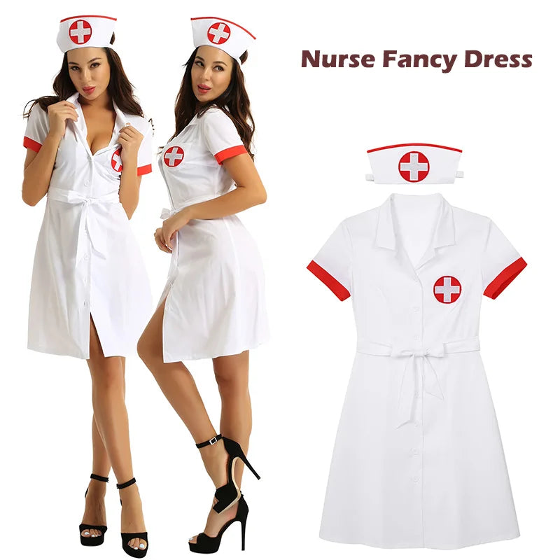 Womens Sexy Naught Nurse Uniform Cosplay Set Dress with Belt And Hat Exotic Maid Outfit Halloween Costume Theme Party Clubwear