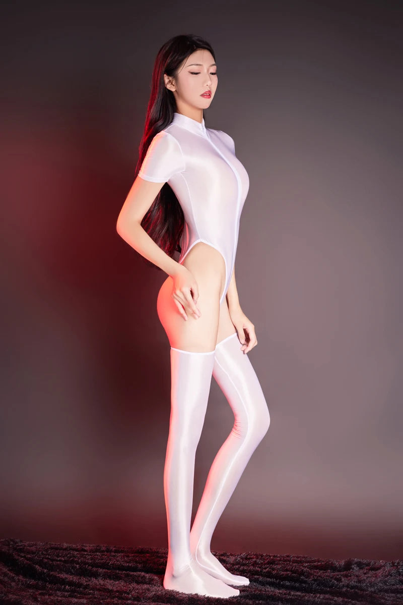 Sexy Thin High Cut Bodysuit with Long Stockings Short Sleeves Zipper Open Crotch Sheer Jumpsuit Oily Bright Leotard Lingerie