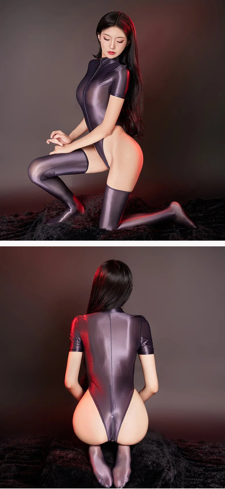 Sexy Thin High Cut Bodysuit with Long Stockings Short Sleeves Zipper Open Crotch Sheer Jumpsuit Oily Bright Leotard Lingerie