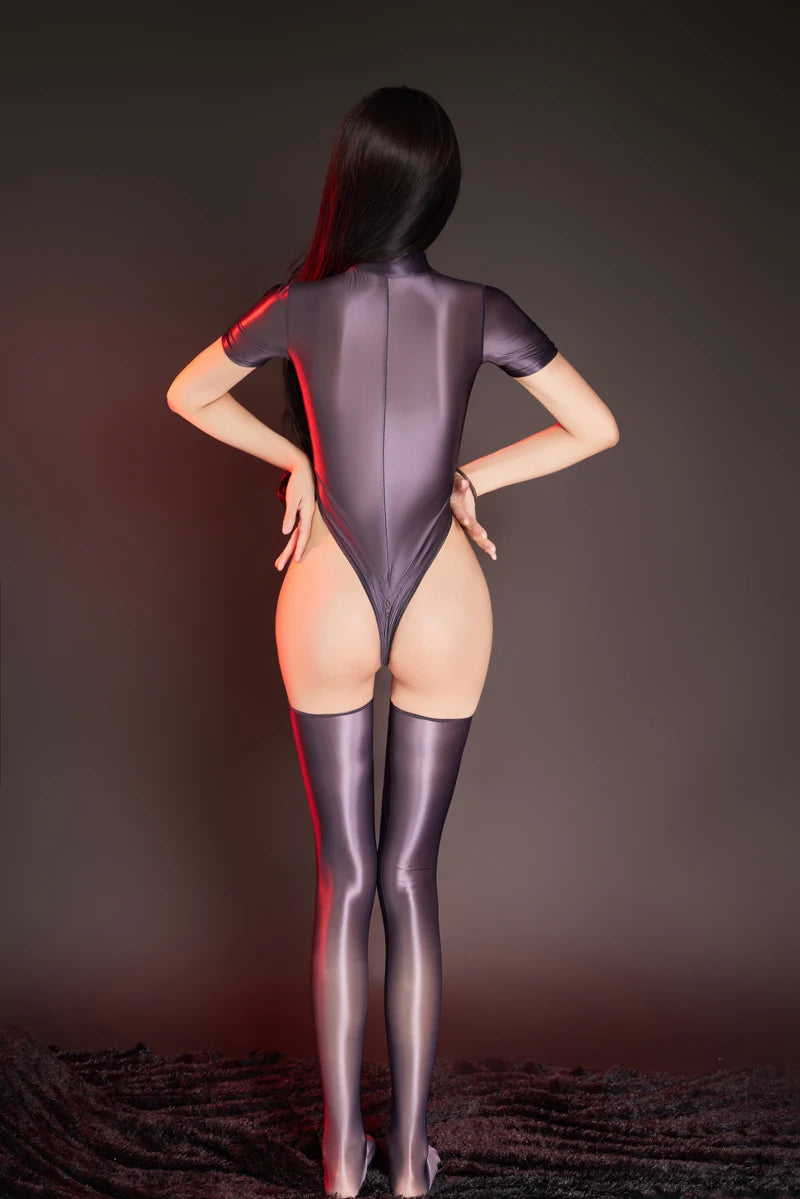 Sexy Thin High Cut Bodysuit with Long Stockings Short Sleeves Zipper Open Crotch Sheer Jumpsuit Oily Bright Leotard Lingerie