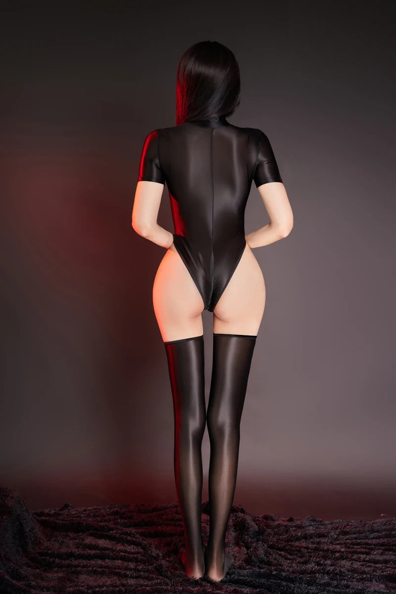 Sexy Thin High Cut Bodysuit with Long Stockings Short Sleeves Zipper Open Crotch Sheer Jumpsuit Oily Bright Leotard Lingerie