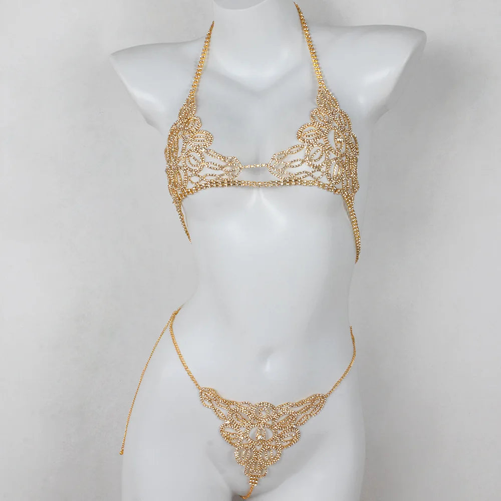 Sexy Crystal Body Chain Jewelry Lingerie  Underwear Women Rhinestone Bra Thong Set